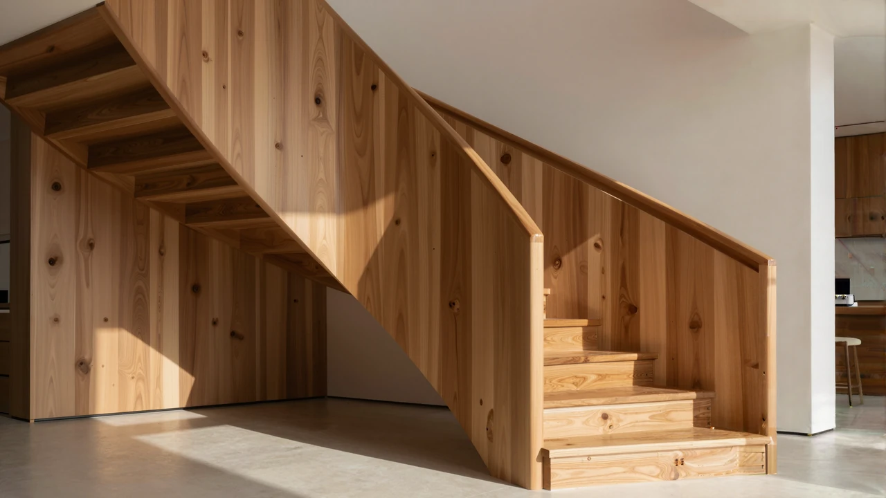Escalier en bois sur mesure — marches chêne massif, lumière naturelle.