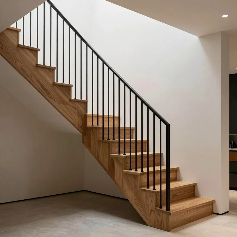 Escalier mixte — structure bois et rampe métal.