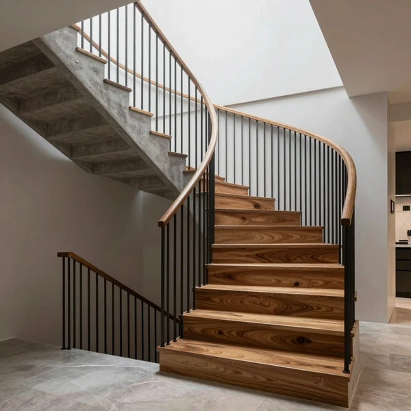 Habillage d'escalier béton — marches bois et garde-corps rampant métal.